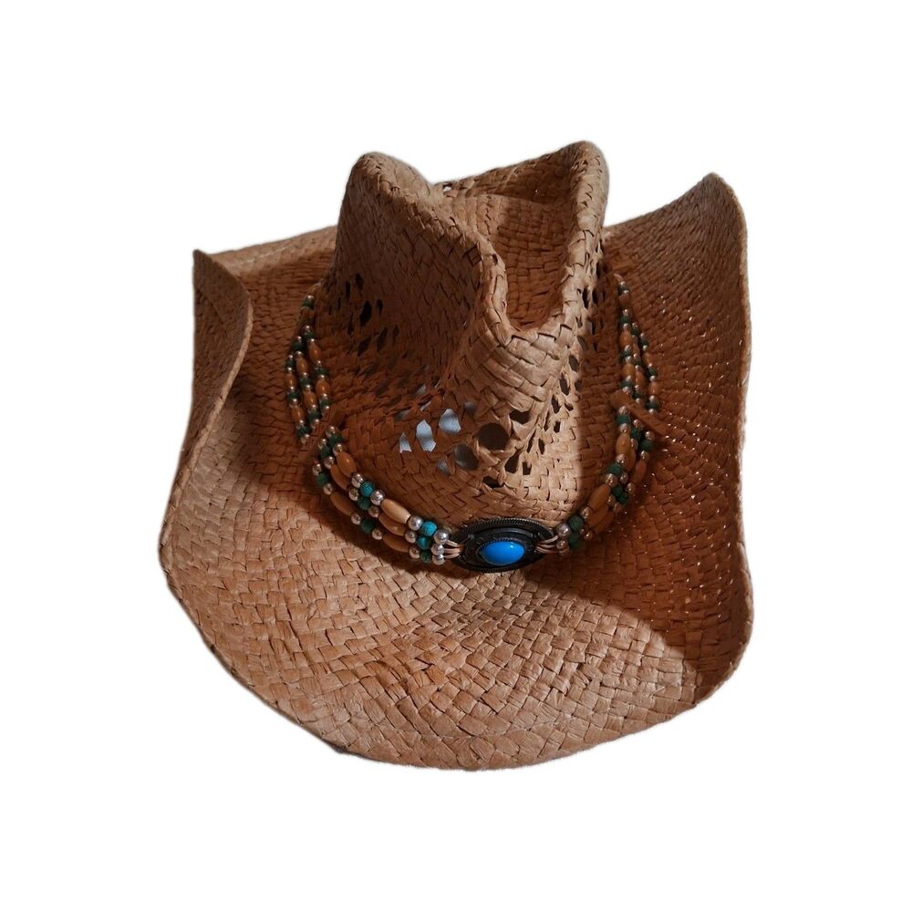Western Straw Cowboy Hat with Turquoise Beaded Band Boho Concert Western Style